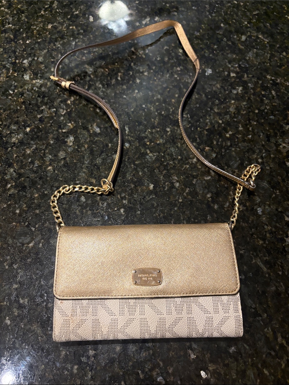 Michael Kors Metallic Gold and Tan Crossbody Wallet